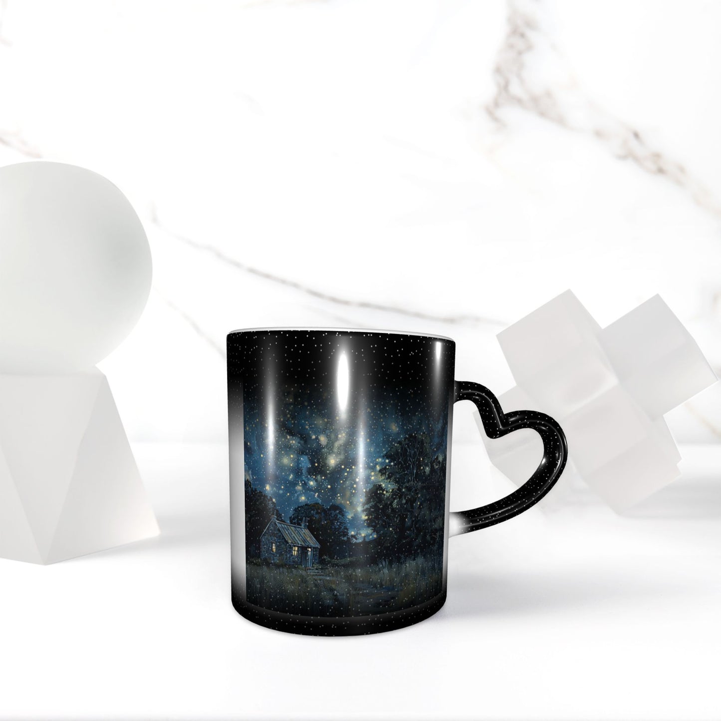 Black Heart Handle Color Changing Mug – Thermo-Sensitive Ceramic Cup for Hot & Cold Beverages (9.5cm Height / 8cm Diameter)