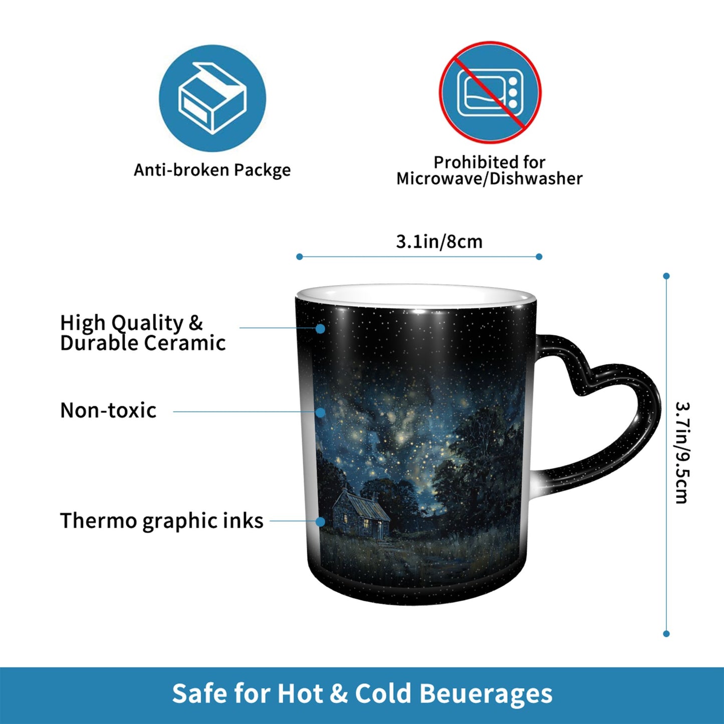 Black Heart Handle Color Changing Mug – Thermo-Sensitive Ceramic Cup for Hot & Cold Beverages (9.5cm Height / 8cm Diameter)