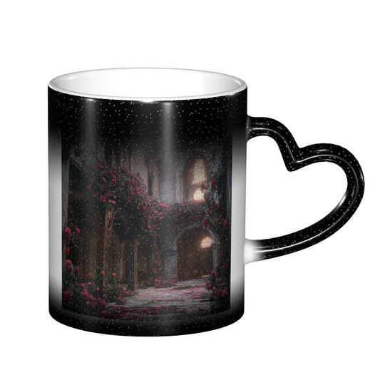 Black Heart Handle Color Changing Mug – Romantic Garden Arch Thermo-Sensitive Ceramic Cup for Hot & Cold Drinks (9.5cm Height / 8cm Diameter)